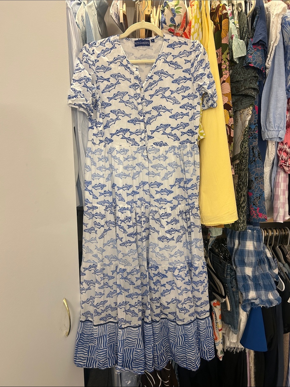 Ros Garden White and Blue Maxi Dress with Fish Print